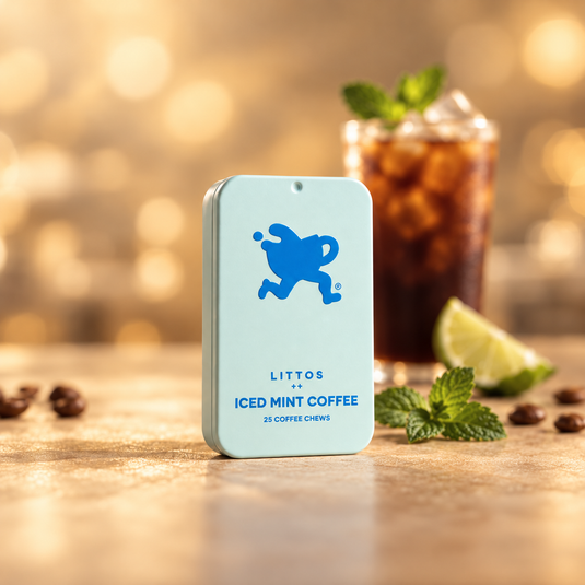 Littos Iced Mint Coffee Chews tin with iced coffee, fresh mint and lime