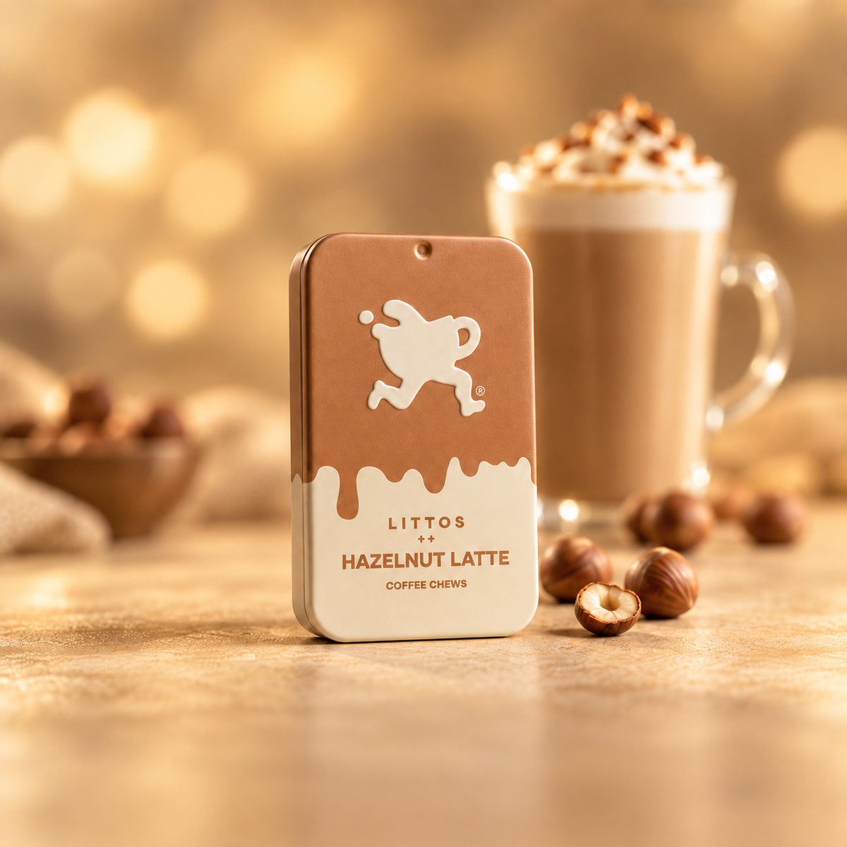 Littos Hazelnut Latte Coffee Chews tin with a hazelnut latte and hazelnuts
