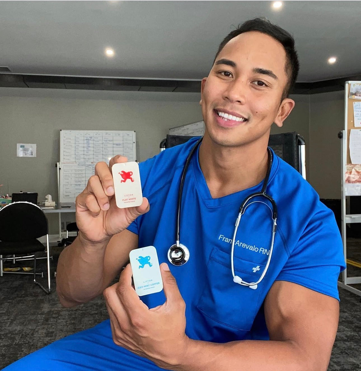 Healthcare worker holding Littos Coffee Chews during a busy day